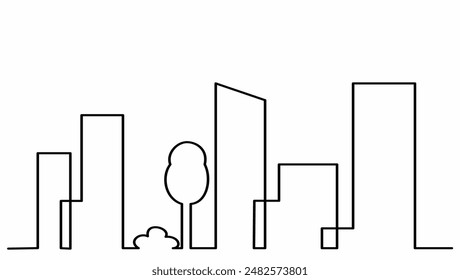 Silhouette von Stadt, Stadt, Stadtbild, Gruppe von modernen Gebäuden mit Strauch und Baum, Ein Strich Zeichnung, Vektorgrafik Banner