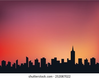silhouette of town at midnight with sky background, vector