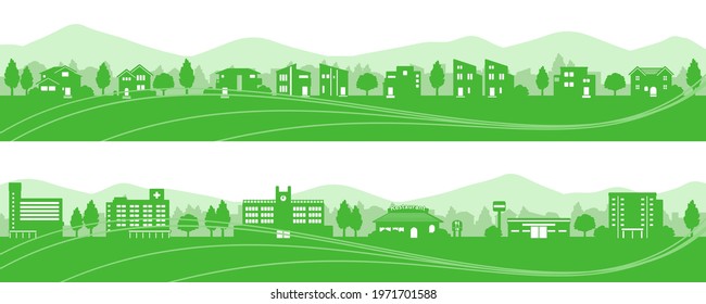 Silhouette of the townscapes with a view of the hills (green)