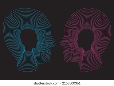 
Silhouette tracings of the head and face of a woman and a man in neon blue and neon fuchsia strokes on a black background. One thousand faces. Human mind