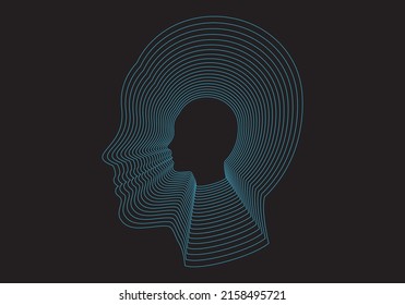 
Silhouette Tracings Of A Woman's Head And Face In Neon Blue Strokes On A Black Background. One Thousand Faces. Human Mind