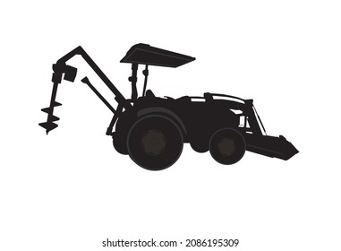 Silhouette Of Tractor On White Background With Auger Attached For Digging Post Holes In The Soil