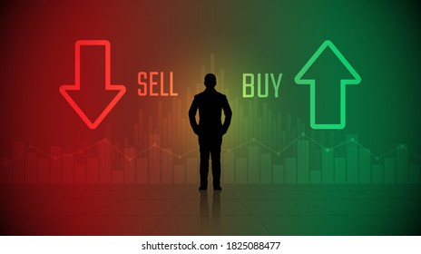 silhouette trader standing looking at stock market chart with buy and sell symbol