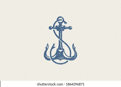 Silhouette traditional anchor emblem of maritime industry hand drawn stamp effect vector illustration. Vintage grunge texture on old paper for poster or label decoration.