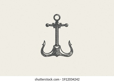 Silhouette traditional anchor emblem of maritime industry hand drawn stamp effect vector illustration. Vintage grunge texture on old paper for poster or label decoration.