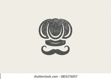 Silhouette of traditional chef cook hat and mustache designed as emblem for restaurant stamp vector illustration. Vintage grunge texture on old paper for packaging and menu design or label decoration.