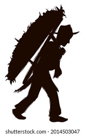 Silhouette of a traditional Silletero man holding a emblematic Silleta -a big floral arrangement- in hand drawn style for the Festival of the Flowers.