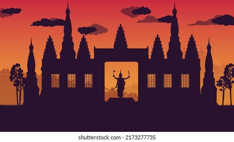 silhouette of traditional Thai Dance and ancient temple on gradient background