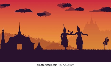 silhouette traditional Thai Dance   temple at Thailand gradient background