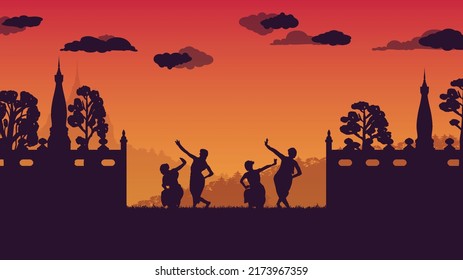 silhouette traditional Thai Dance   wall ancient temple gradient background