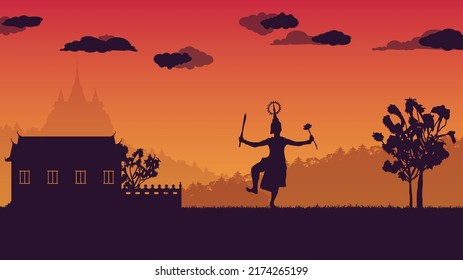 silhouette traditional Thai Dance   wall ancient temple gradient background