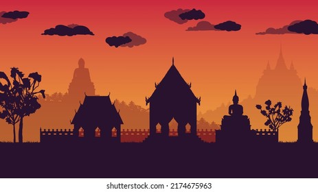 silhouette traditional Thai temple gradient background