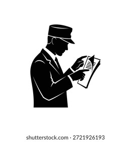 Silueta de un conductor de tren que comprueba meticulosamente los billetes, asegurando el cumplimiento de los pasajeros.