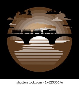 
silhouette of a train moving on a bridge at sunset