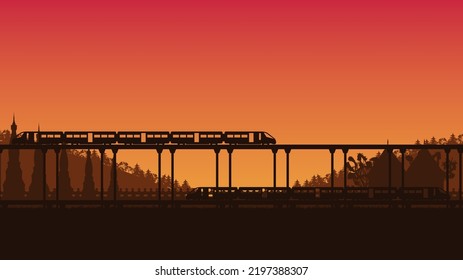 silhouette train and temple with bridge in Thailand on orange gradient background