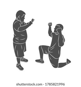 El entrenador de silueta ayuda a un niño con síndrome de baja en un fondo blanco. Necesidades especiales. Ilustración del vector