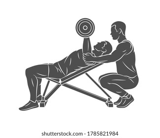 Silhouette trainer helps a man to train his chest with dumbbells on the bench press on a white background. Vector illustration