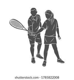 Silhouette trainer helps a young woman do an exercise with a racket on her right hand in squash on a white background. Squash game training. Vector illustration