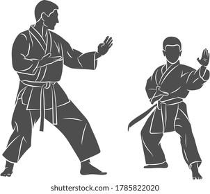 Silhouette Trainer with a young boy in kimono training karate on a white background. Vector illustration