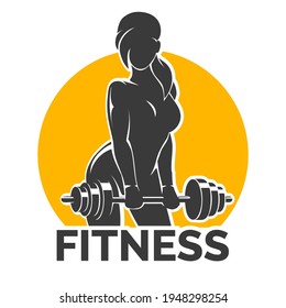 Silhouette of Training Bodybuilder Girl with Barbell. Fitness club Gym emblem. Vector illustration.