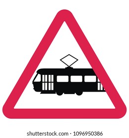 silhouette of tram at red triangle, watch out for trams, traffic sign