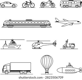 Silhouette transportation methods set car airplane train vector Illustrator