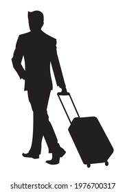 
Silhouette of travel executive dragging a rolling suitcase in black on white background