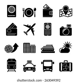 Silhouette travel, transportation and vacation icons - vector icon set