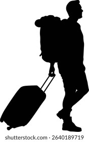 Silhouette of Traveler Man. Isolated on White Background.