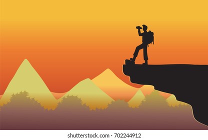 Silhouette traveler man standing on mountain cliff, Illustration vector flat. Sunset sky background