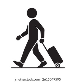 Silhouette of Traveler Walking with Rolling Suitcase. Black Vector Icon for Travel, Airport, Vacation, Journey, Trip Planning, and Transportation Designs.