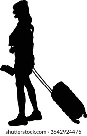 Silhouette of Traveler Woman. Isolated on White Background.