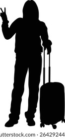 Silhouette of Traveler Woman. Isolated on White Background.