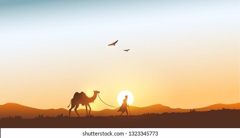 Silhouette traveling man with camel in the mountains at sunset. Vector illustration