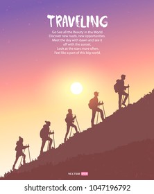 Silhouette Traveling People. Climbing On Mountain. Vector Illustration Hiking And Climbing Team