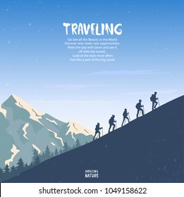 Silhouette traveling people. Climbing on mountain. Vector illustration hiking and climbing team