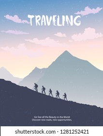 Silhouette traveling people. Climbing on mountain. Vector illustration hiking and climbing team