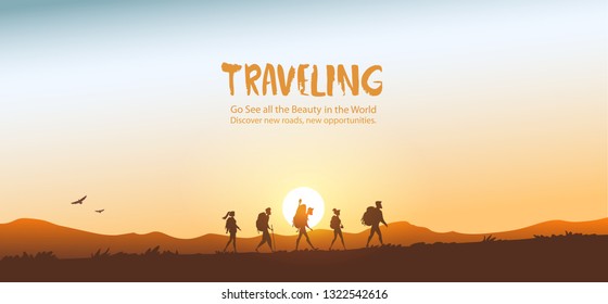 Silhouette traveling people. Climbing on mountain. Vector illustration hiking and climbing team