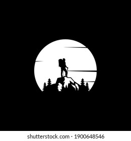 Silhouette traveling people. Climbing on mountain. Isolated hiker on white background