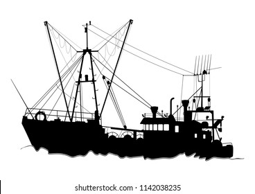 Silhouette of a trawler. Fishing boat on a white background. Flat vector.