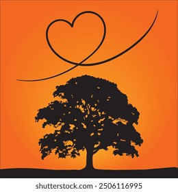 Silhouette of a tree in the afternoon with clouds forming a heart, vector illustration of tree in heart shape