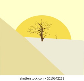 Silhouette of a tree against the background of a circle symbolizing the sun. The triangle is like a pyramid. Inspired by the heat
