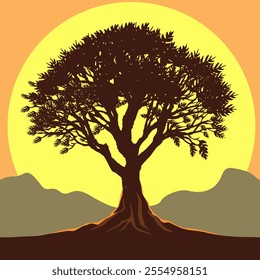Silhouette of a Tree Against a Sunset with Mountains