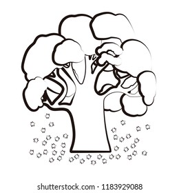 Silhouette of a tree in autumn that are falling leaves.