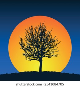  A silhouette of a tree with bare branches growing on a hill against the backdrop of a large orange sun and a dark blue sky. Vector