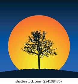  A silhouette of a tree with bare branches growing on a hill against the backdrop of a large orange sun and a dark blue sky. Vector