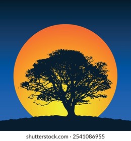 A silhouette of a tree with bare branches growing on a hill against the backdrop of a large orange sun and a dark blue sky. Vector