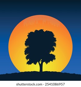 A silhouette of a tree with bare branches growing on a hill against the backdrop of a large orange sun and a dark blue sky. Vector