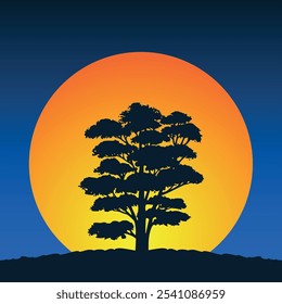 A silhouette of a tree with bare branches growing on a hill against the backdrop of a large orange sun and a dark blue sky. Vector