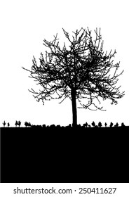 Silhouette of tree with bare branches - winter scenery - trees afar- landscape and black space for text - isolated - vector